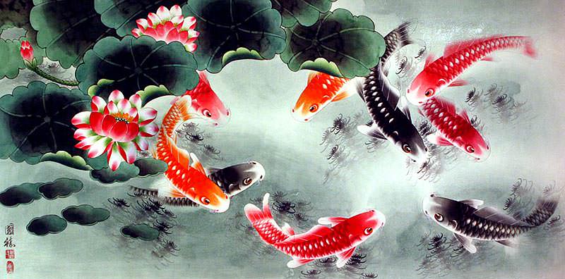 Koi Fish and Lotus Flower - Colorful Large Painting