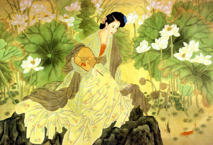 Classy Chinese Lady with Lotus and Koi Fish - Large Painting