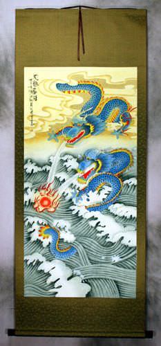 Big Two Dragons Playing with Pearl of Lightning - Wall Scroll