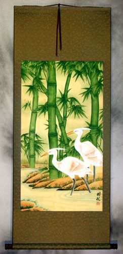 Big Egrets and Green Bamboo Wall Scroll