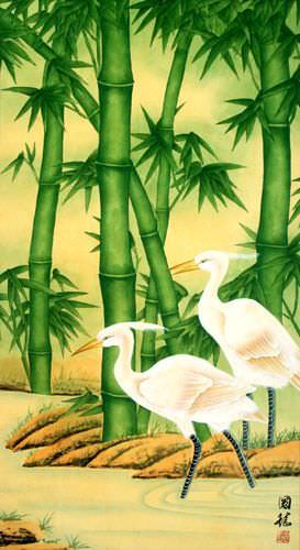 Egrets and Bamboo Large Vertical Painting