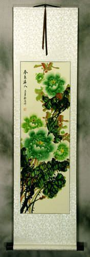Chinese Green Peony Flower Wall Scroll