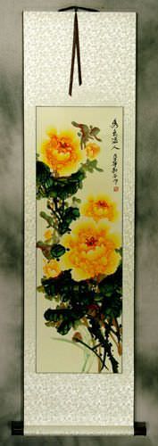 Yellow / Orange Peony Flowers Wall Scroll