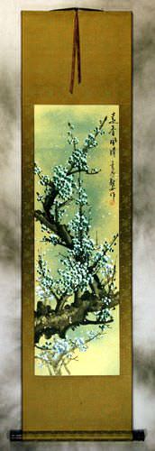 Blue / Green Plum Blossoms - Asian Scroll