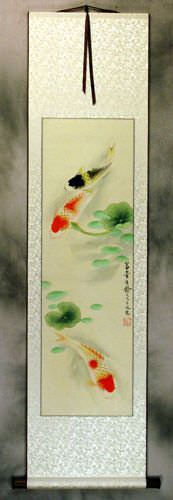 Chinese Koi Fish and Lotus Wall Scroll