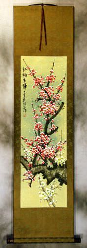 Colorful Reddish-Pink Plum Blossom Wall Scroll