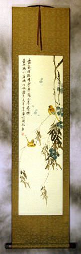 Winter Refuge in the Forest - Bird and Flower Wall Scroll