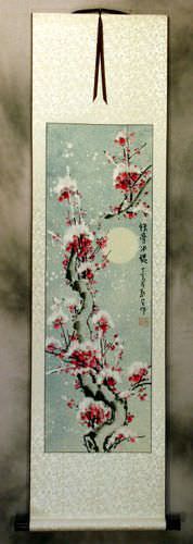Blooming Chinese Snow Plum Blossoms Wall Scroll