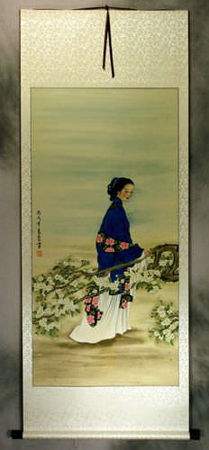 Woman and Plum Blossoms - Large Wall Scroll