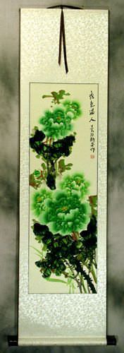 Peony Green Flower Chinese Scroll