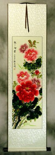 Prosperous Red and Pink Peony Flower - Silk Wall Scroll