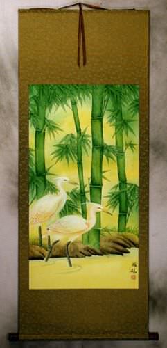 Chinese Egrets and Green Bamboo Wall Scroll