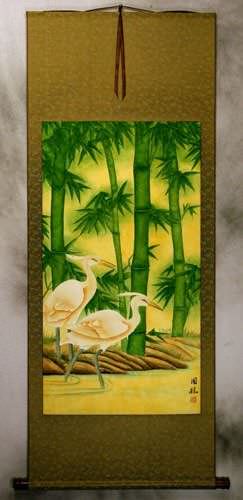 Large Egrets and Green Bamboo Wall Scroll