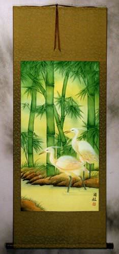 Big Cranes and Green Bamboo Wall Scroll