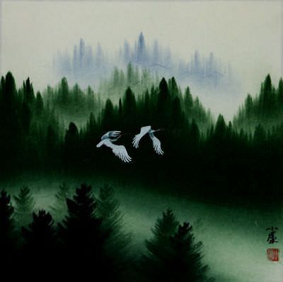 Companions - Colorful Cranes Landscape Painting