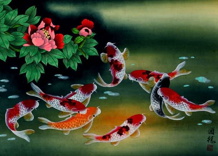 Nine Koi Fish and Flowers Painting