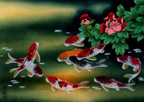 Koi Fish and Flowers Painting