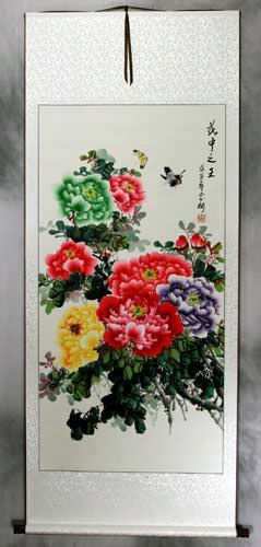 Extra-Large Colorful Peony Flowers and Butterflies Wall Scroll