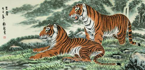 Chinese Tigers on Alert Painting