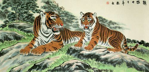 Chinese Tigers Take a Rest - Large Painting
