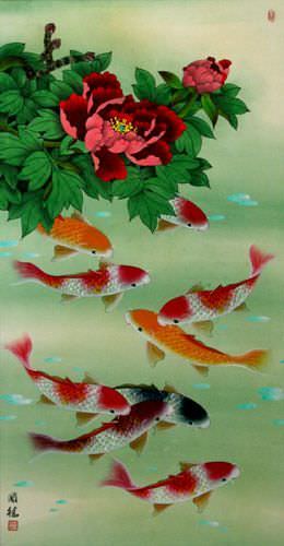 Koi Fish and Peony Flowers - Large Chinese Painting