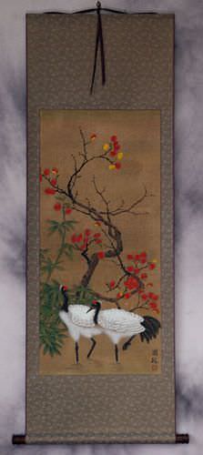 Antique-Style Cranes and Plum Blossom Wall Scroll