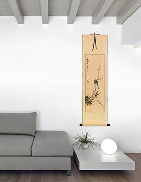 Plum Blossom Joy in Snow - Wall Scroll living room view