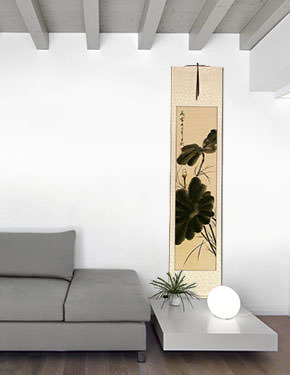 Fragrance of Lotus - Chinese Bird and Flower Wall Scroll living room view
