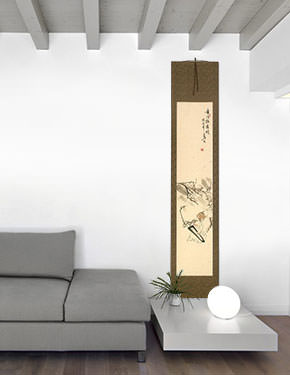 Old Man Playing the Guqin Among Plum Blossoms - Wall Scroll living room view