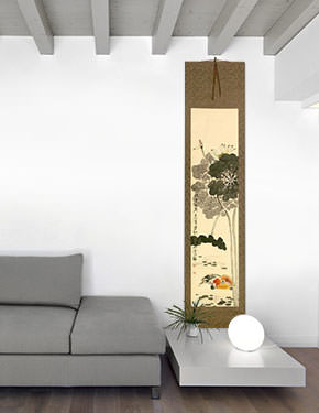 Mandarin Ducks & Lotus Flowers - Together Forever - Chinese Scroll living room view