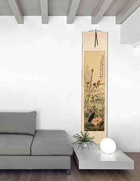 Kingfisher Birds Above the Lotus Pond - Wall Scroll living room view