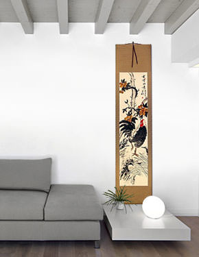 Good Luck Rooster and Lychee Wall Scroll living room view