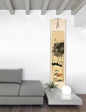 Mandarin Ducks & Lotus Flowers - Together Forever - Chinese Scroll living room view