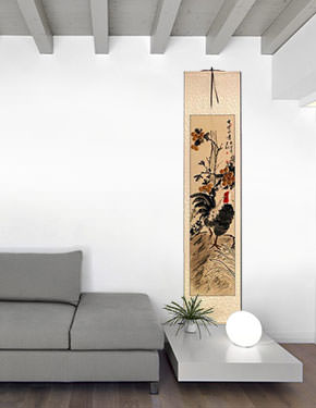 Good Luck Rooster and Lychee Wall Scroll living room view