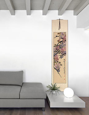 Beautiful Feeling - Bird and Flowering Branch Wall Scroll living room view