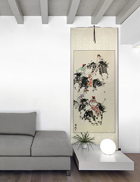 Traditional Chinese Horseback Polo - Large Wall Scroll living room view