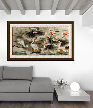 Elegant Egrets in the Lotus Pond - Large Painting living room view