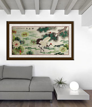 Pine Tree, Lotus and Cranes Longevity - Large Painting living room view