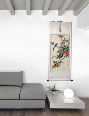 The Golden Autumn - Bird and Persimmon Chinese Scroll living room view