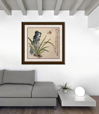 Ancient Chinese Style Bird and Daffodil Flower Wide Painting living room view
