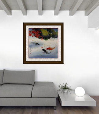 Year In, Year Out, Have Riches - Koi Fish and Red Leaves - Watercolor Painting living room view