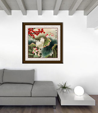 Elegant Egrets in the Lotus Pond - Watercolor Painting living room view
