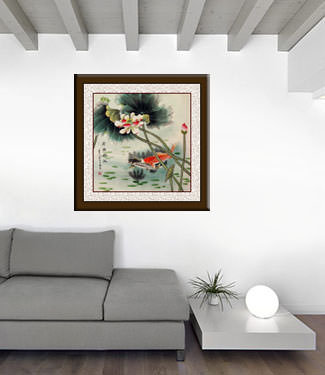 Chinese Fish and Lotus Flower Painting living room view