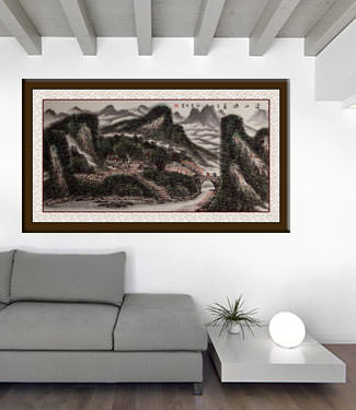 River Village Bridge Scene - Chinese Landscape Painting living room view