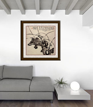 Chinese Stone and Orchid Flower Painting living room view