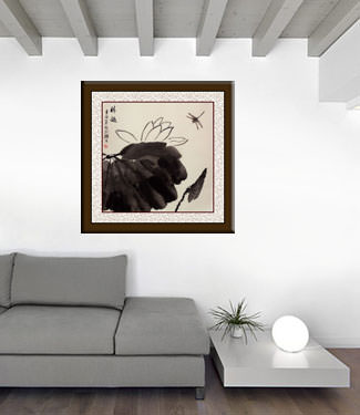 Dragonfly and Lotus Black Ink Painting living room view