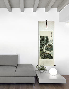 Chinese Waterfall Landscape - Large Wall Scroll living room view