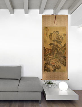 Clear River and Pine Trees - Chinese Landscape Print Wall Scroll living room view