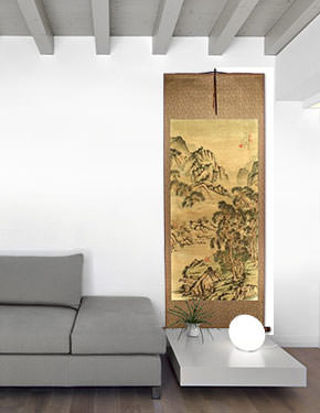 Pine Mountains Serenity - Chinese Landscape Print Wall Scroll living room view