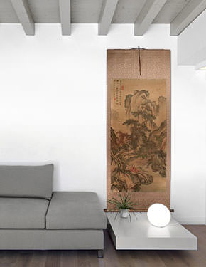 Clear River and Pine Trees - Chinese Landscape Print Wall Scroll living room view